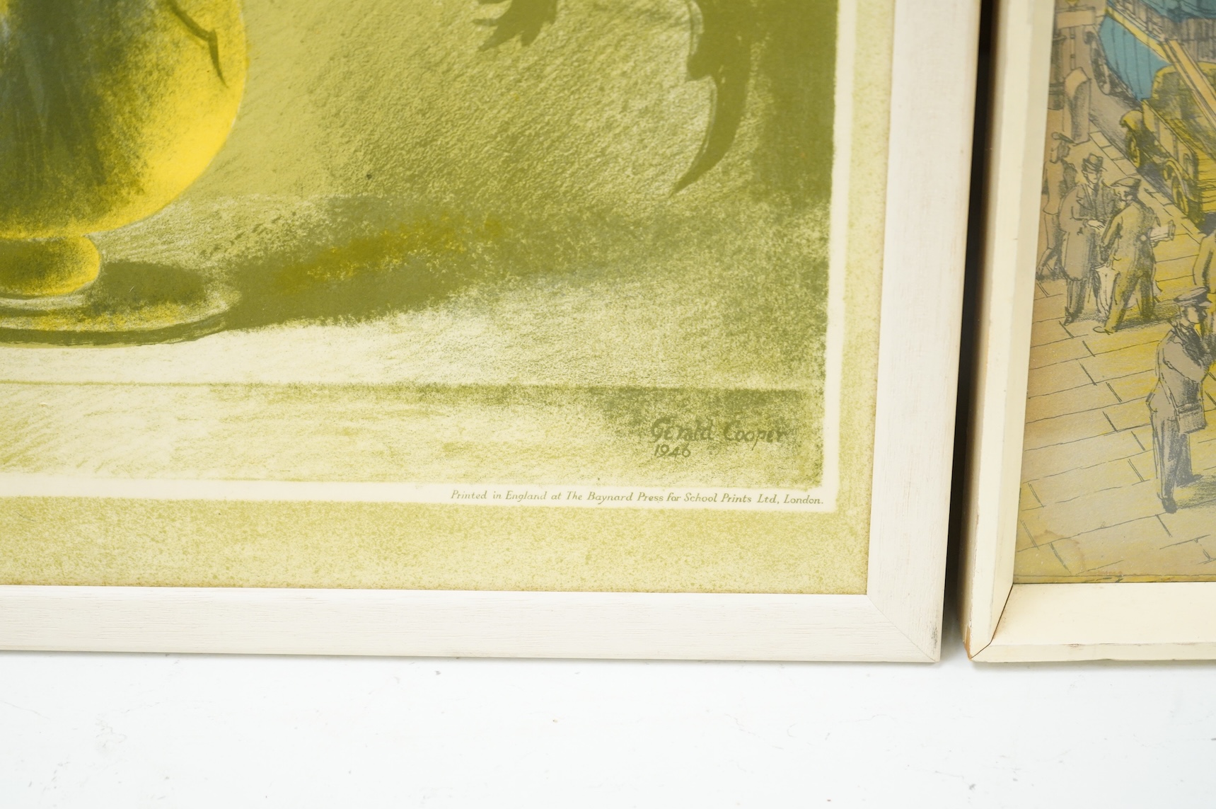 After Gerald Cooper (1898-1975), 'Striped Lily', sp12, printed in England at The Baynard Press, lithographic school print, together with after Phyllis Ginger, ‘Town Centre’, lithographic school print, largest 42 x 68cm